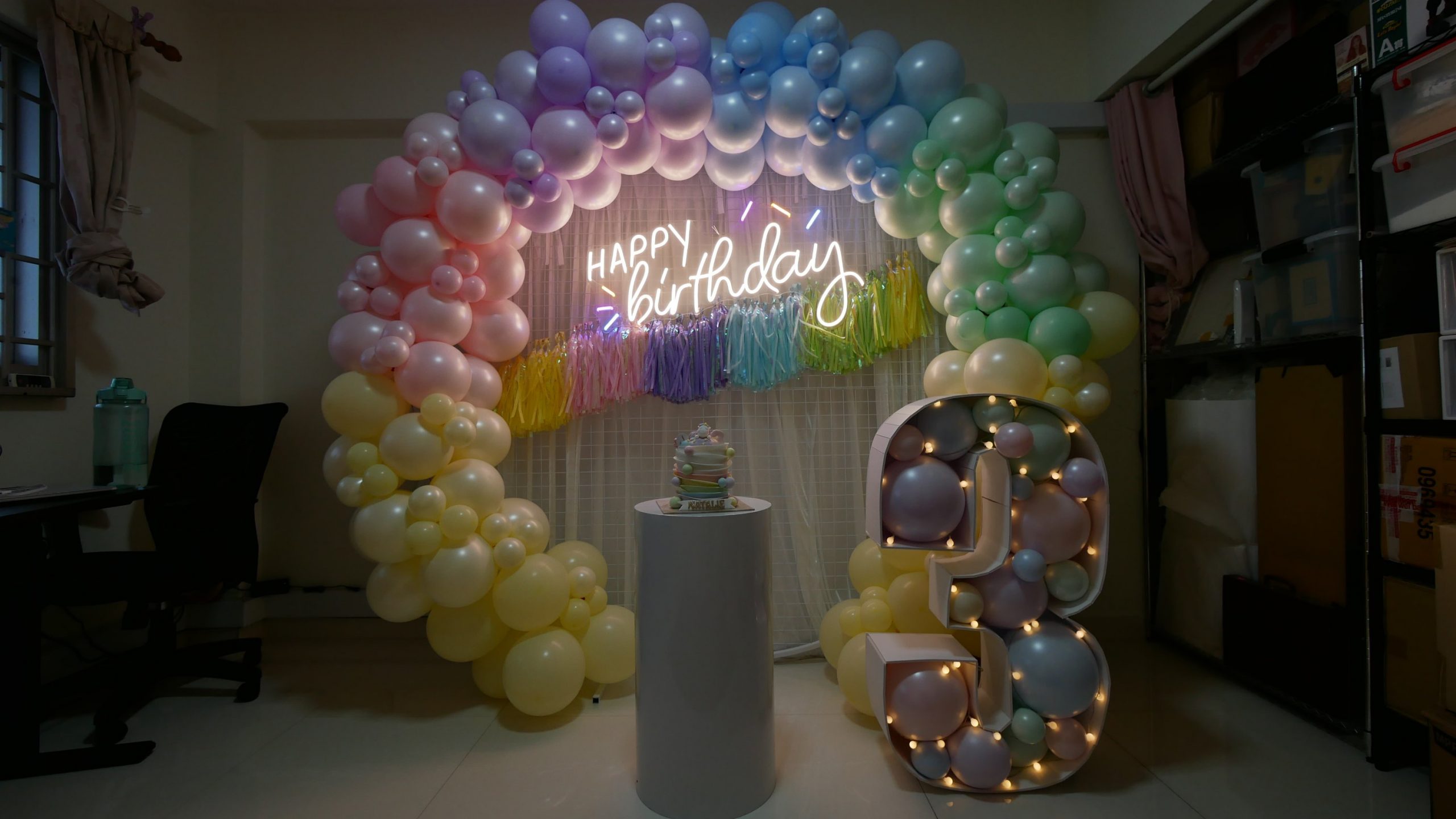 Organic Pastel Circle Backdrop With “3” Balloon Marquee Number