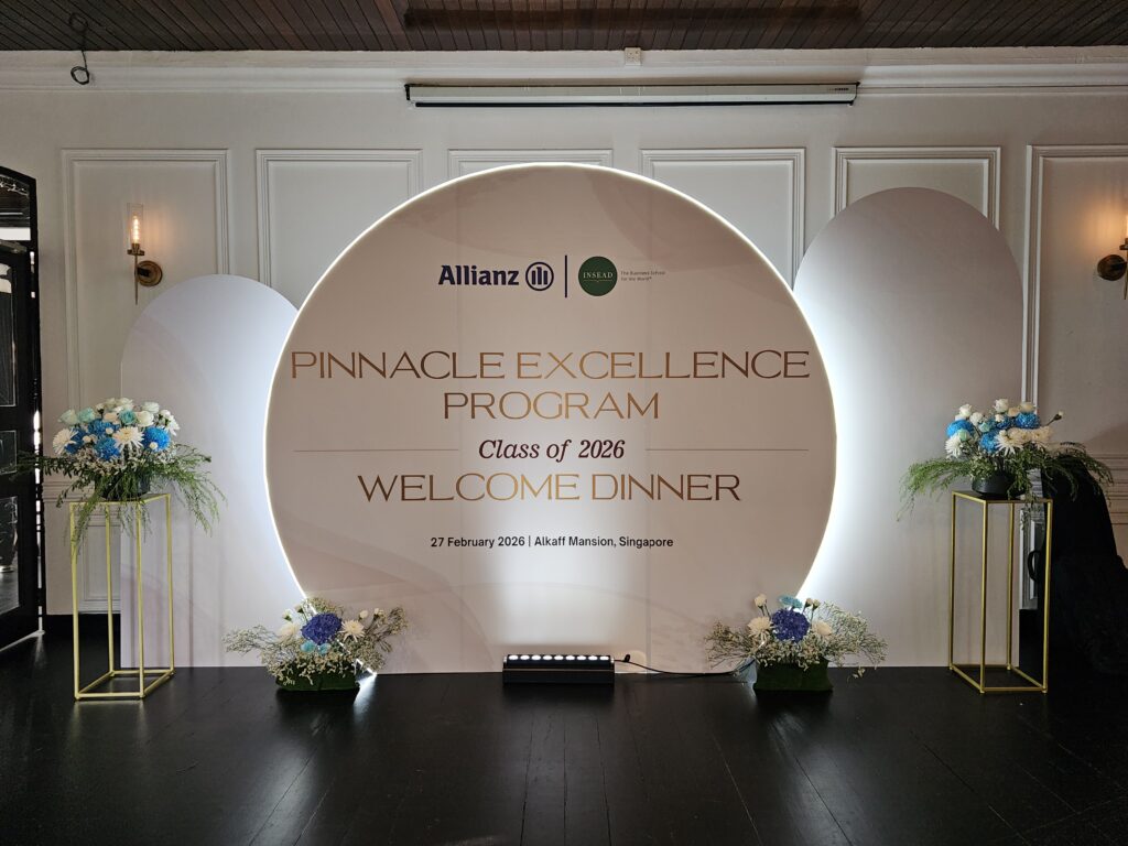 Elegant Corporate Welcome Dinner Backdrop in Singapore | Allianz x INSEAD Event Setup (2026)