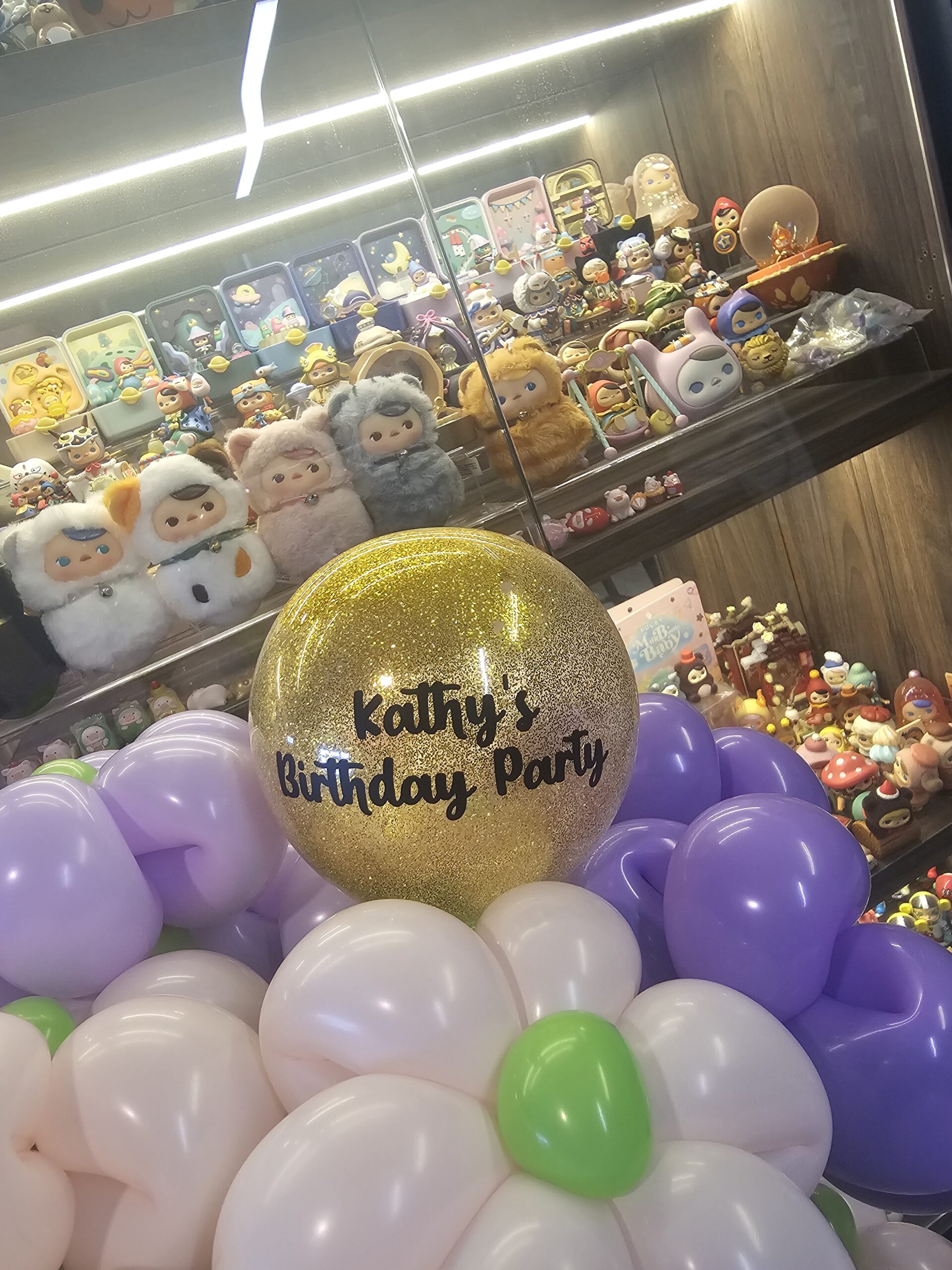 Personalised gold glitter bubble balloon with purple flower bouquet Singapore